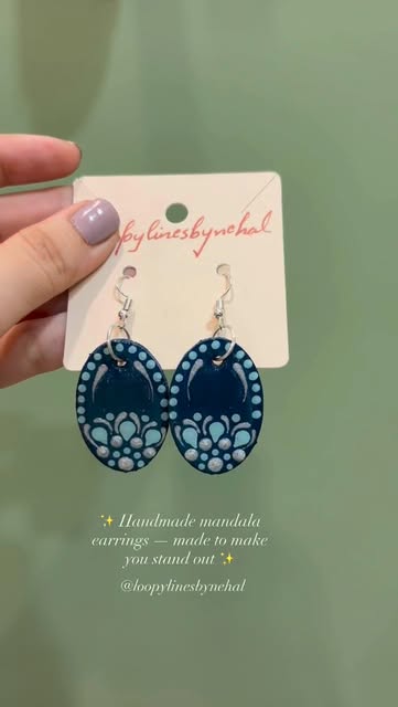 Blue hand-painted mandala earrings by Nehal